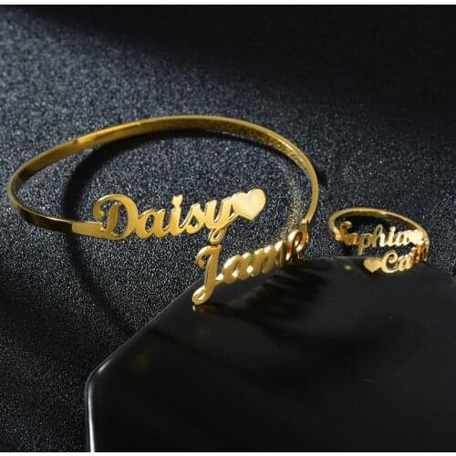 Customized Name Heart Rings Bngles Sets Personalized Stainless Steel Adjustable Couple Ring For Women Man Wedding Jewelry Gifts