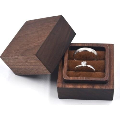 Exquisite Real Walnut Wood Wedding Double Ring Earrings Jewelry Display Valentines Gift Box