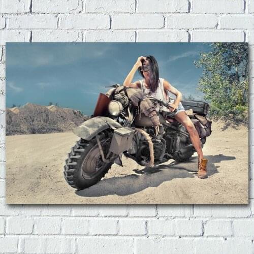 Canvas Painting Girl on desert offroad bike Motorcycle Picture Silk Wall Art Posters and Prints For Living Home Decor