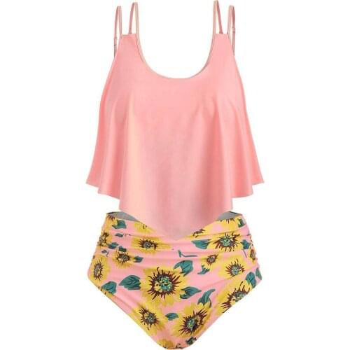 Summer Bikini Set Women Flora Two-piece Sunflower Print Ruched High Waist Tankini Set Swimwear 2021 Girl Bathing Suit