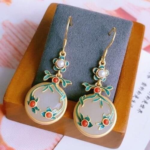 New silver inlaid natural Hetian white jade pearl plant flower long earrings Chinese style retro national charm womens jewelry