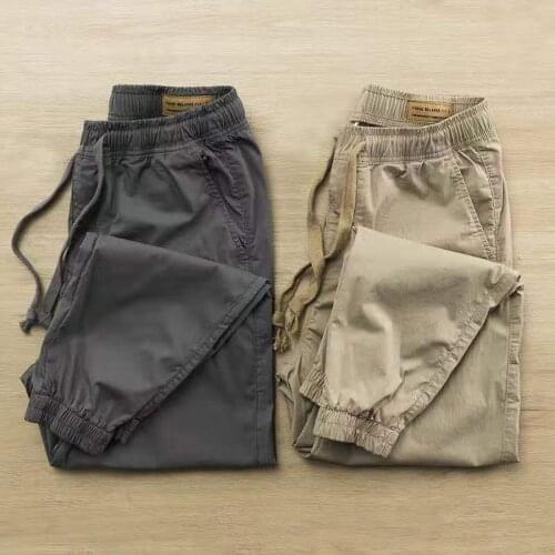 Fall Cotton Pants Mens Korean-Style Breathable Washed Cropped Casual Pants Elastic Waist Ankle Banded Cargo Pants Male Trousers