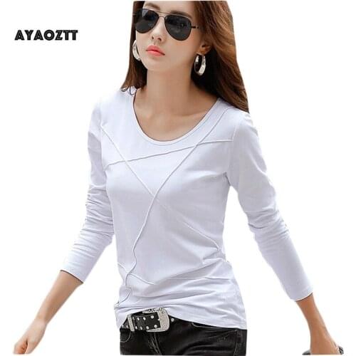 Autumn New Women Tee T Shirt Femme Slim Long Sleeve Black White Blue Office T Shirt Lady Tops Cotton T-Shirt Casual High Quality