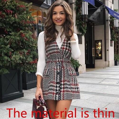 Ardm Elegant Women Dress Winter Vintage Vest Dress Plaid Houndstooth Deep V Neck Button Pocket High Eleastic Waist Mini Dresses