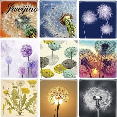 JWEIJIAO 12mm DIY Square Shape Glass Cabochon with Vintage Dandelion Flowers Pictrues Cameo Charms Settings Jewelry Accessories