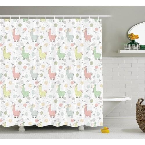Llama Shower Curtain Colorful Collection of Llamas with Doodle Style Circles and Heart Shapes Cartoon Home Decor Bath Curtains