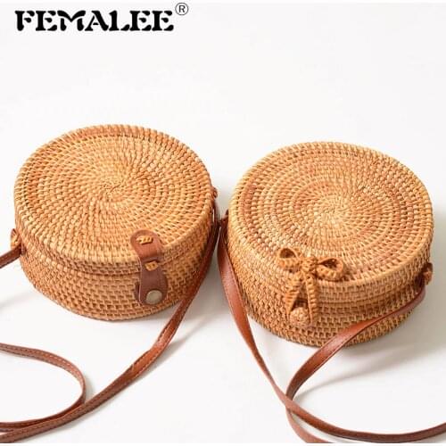 FEMALEE Circular Casual Rattan Bag 2019 Ins Summer Purse Handmade Bali Beach Shoulder Bow Bags Woven Bohemian Handbag Sac A Main