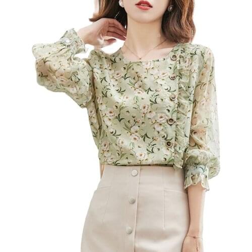 Women Spring Autumn Style Blouses Tops Lady Casual Long Sleeve O-Neck Chiffon Blusas Tops DD9147