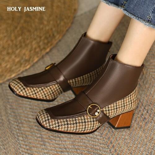 2021 Fashion Womens Winter Boots Female Genuine Leather+ Check Cloth High Heels Boots for Women Party Wedding Basic Shoes Woman