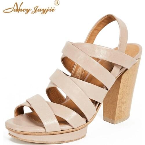 Rome Platform Beige 2019 Summer Ladies Super High Heels Spike Cross-Tied Ankle Strap Shoes Woman Casual Cork Dress Party