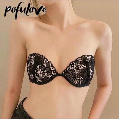 Women Strapless Bra Push Up Underwear with Underwire Embroidery Sexy Seamless Bras Invisible Black White Female Bralette French