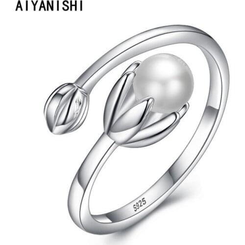 AIYANISHI 925 Sterling Open Finger Ring Natural Freshwater Pearl Silver Band Rings Jewelry For Women Wedding Christmas Gifts