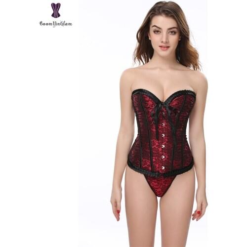 Bowknot Womens Body Shapewear Overbust Corselet Sexy Bustier Floral Lace Pleated Trim Corset Top With G String 898