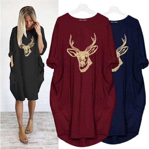 Navidad Dress Elk Print Long Sleeve Loose Vintage Party Sukienka with Pocket
