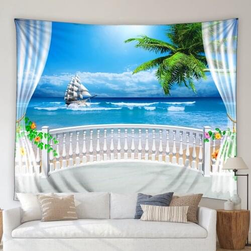 3D European Style Landscape Tapestry Ocean Green Plants Palm Tree Flowers Natural Scenery Living Room Mural Home Decor Bedspread
