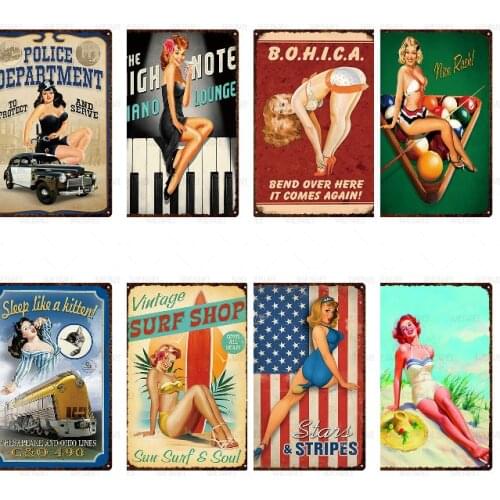 American Retro Poster Pin Up Girl Lady Tin Signs Art Wall Decoration Plaque Pub Cafe Bar Party Club Vintage Metal Painting