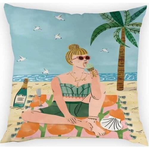 Summer Ocean Beach Pattern Cushion Cover Cartoon Character Coconut Tree Pillowcase Home Decoration Peach Skin Pillowcase 45x45cm
