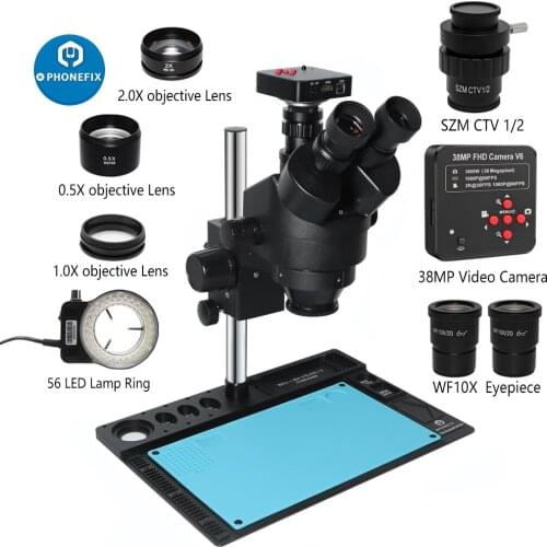 Black 3.5X-90X Simul-focal Zoom Trinocular Stereo Microscope VGA HDMI Digital Camera +Black Aluminum Pad For Phone PCB Soldering