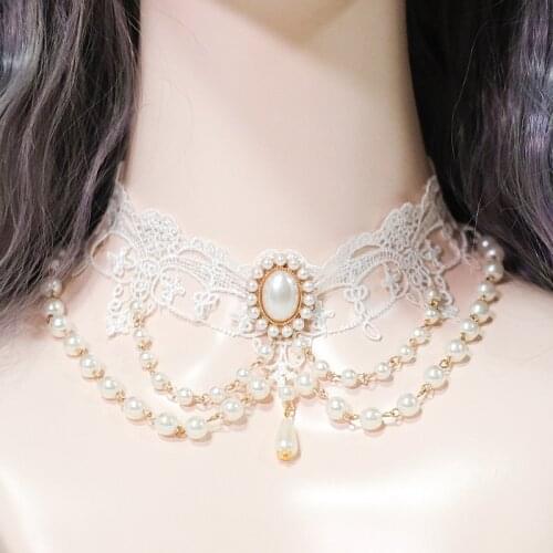 Sweet Lolita Lace Necklace Women Vintage Gothic Multi Layer Pearl Choker Necklace Girls Chic Wedding Cute Pendant Party Jewelry