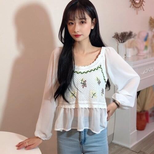 Fashion Knitted Women Blouses Hollow Out Shirt Top Sweet Patchwork Puff Sleeve Blouse