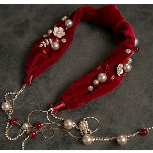 Chinese Wine Red Velvet Beaded Soft Hair Band Retro Long Tassel Crystal Pearl Headband Bride Wedding Dress Hair Accessory
