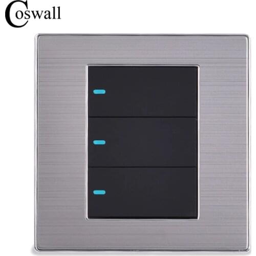 COSWALL 3 Gang 1 Way Luxury LED Light Switch On / Off Wall Switch Brushed Silver Panel Power Conmutador 10A AC 110~250V