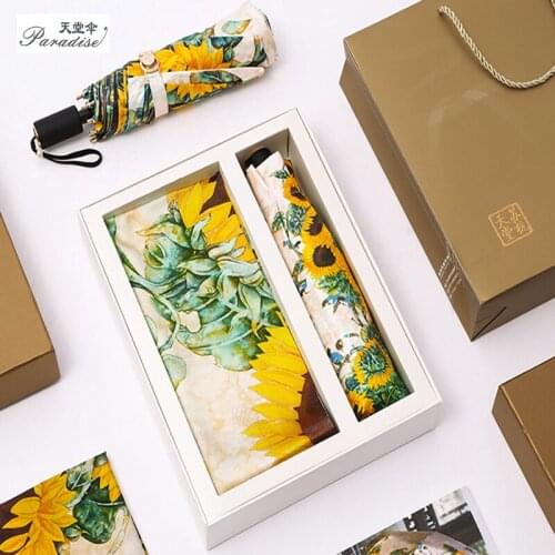 Gift Package Luxury Umbrella - Compact Light Anti UV Parasol with Silk Scarf for Women Sunny and Rainy Fashion Package Umbrella