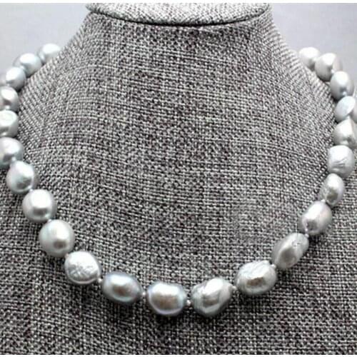 Fine jewelry Real 10-13MM Natural Silver Gray Akoya Cultured Pearl Baroque Necklace 18inch 925 silver clasp