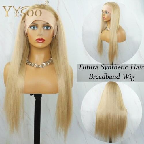 YYsoo Long Silky Straight Synthetic Wig With Headwrap Blonde Color Futura Hair Headband Wigs For Women Turban No Lace Soft Wig