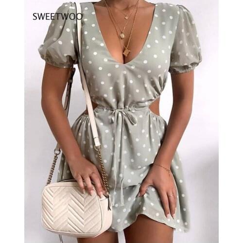 Polka Dot Green Summer Dress Chiffon Sexy Hollow Out Drawstring Waist Mini Day Dress Party Holiday Outfit 2021 Fashion
