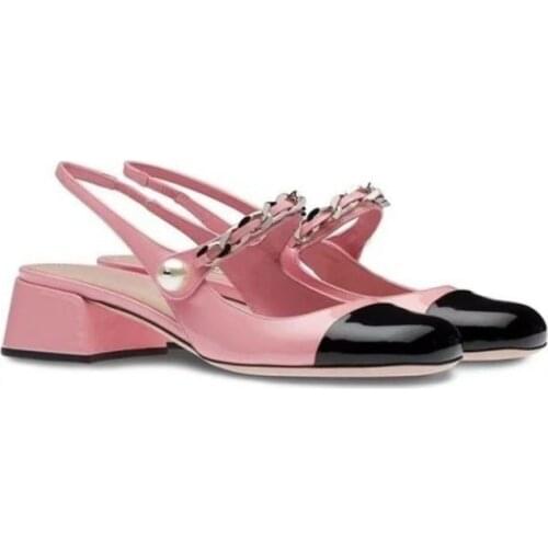 Womens Genuine Leather Pearls Sandals Slingbacks Block Heel Shoes Metal Chain Pumps Match Colors Plus Size New 2021