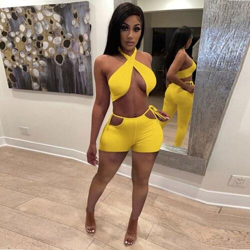 TNNAOFF Summer Solid Two Piece Swimsuit Set for Women Bandage Draped Crop Top Sexy Hollow Biker Shorts Beachwear Matching Sets