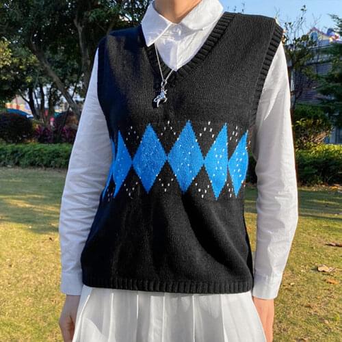 Chic V-neck Slim Knit Womens Vest Sweater Sleeveless Argyle Preppy Style Vests For Women 2021 Fashion Ladies Sweaters Y2k