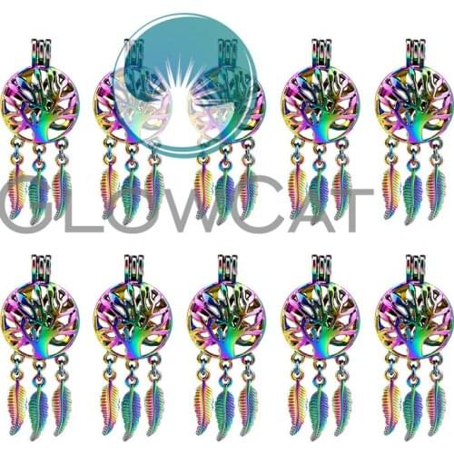 10X C720 Rainbow Colors Dream Catcher Life Tree Beads Cage Jewelry Making Essential Oil Diffuser Pearl Cage Locket Pendant