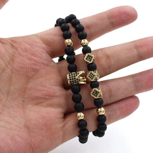 2pcs/1 Set Copper Crown Men Bracelet Pave Cubic Zirconia Stone Matte Beads Charm Bracelet For Men Jewelry Pulsera Hombre