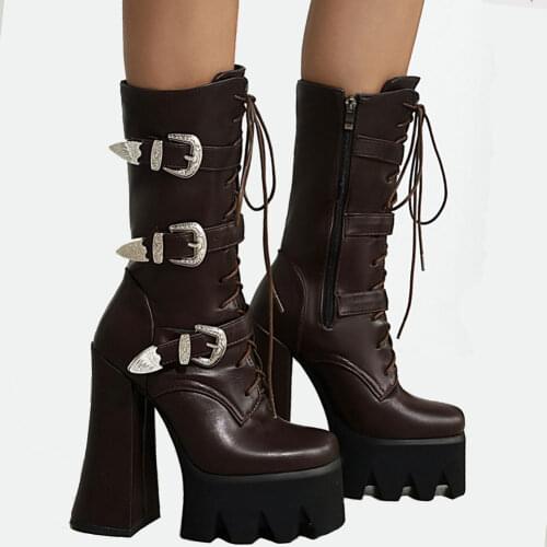 2020 Large Size 43 Quality 15cm Extreme High Heels Shoelaces Winter Women Shoes Platform Fashion Party Motorcycles Boots Female