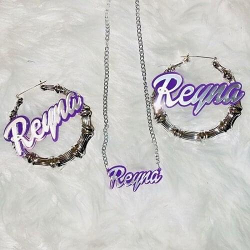 3UMeter 2020 New Custom Acrylic Pendant Necklace Custom Acrylic Bamboo Hoop Earrings Personalized Name Earring Necklace Jewelry