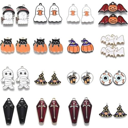 5Pcs Pumpkin Ghost Bat Hat Halloween Theme Alloy Enamel Small Pendants Charms for DIY Jewelry Necklace Bracelet Accessories