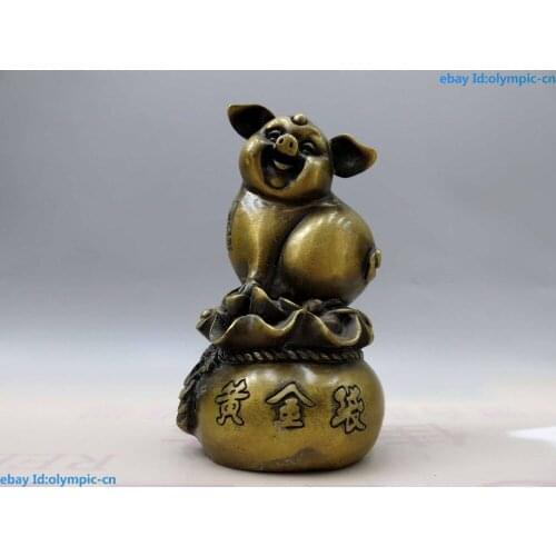 6" China brass copper carved lucky Gold bag make a fortune pig Sculpture Statue