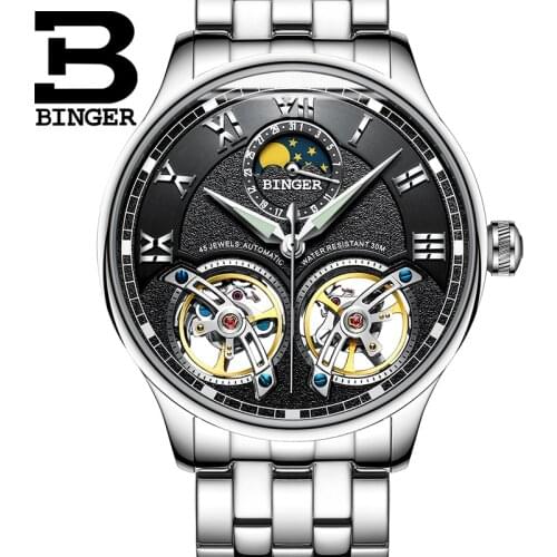 Switzerland BINGER Skeleton Automatic Watch for Men Self-Wind Fashion Men Mechanical Watches Business relogio masculino Steel
