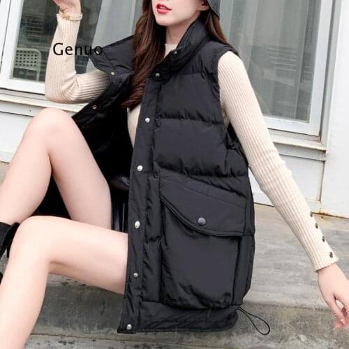Black Beige Winter Vest Waistcoat Women Big Pockets Stand Collar Casual Vest Coat Female Korean Style Loose Bodywarmer Vest