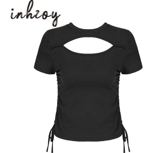 Women Round Neck Short Sleeve Side Drawstring Ruched Crop Tops Female Summer Casual Party Solid Color Hollow Out Sexy T-Shirts
