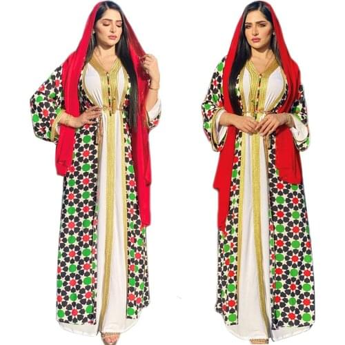 Abaya Muslim Women Printed Maxi Robe Gown 2 pieces Set Open Kimono+Dress Belt Moroccan Islamic Vestido Middle East Arab Dubai