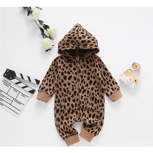 Autumn Toddler Baby Girls Boys Leopard Print Hooded Romper Long Sleeve Pockets Zipper Jumpsuit Baby Casual Homewear Clothes