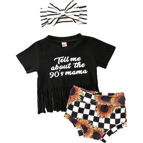 Summer Newborn Baby Girls Clothes Sets Letter Print Short Sleeve Tassel T Shirt Tops+Sunflower Shorts Headband 3Pcs Outfit 0-24M