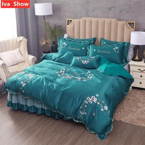 Iva Show Blackish Green A Version Water Washed Silk B Versioncotton Set Bedding Set Lace Pillowcase Queen King Size Four Piece