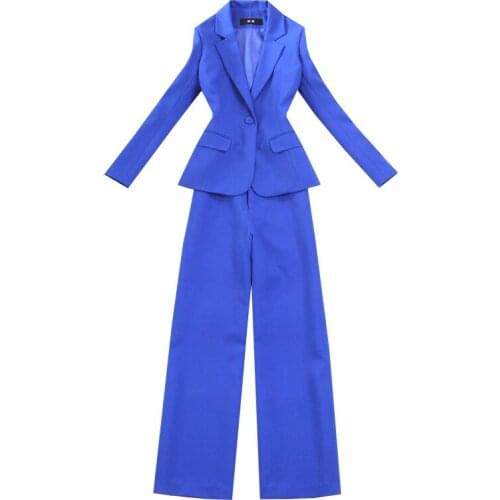 Fashion treasure blue suit suit femme large size spring casual treasure blue Slim one button suit + wide leg trousers OL Set