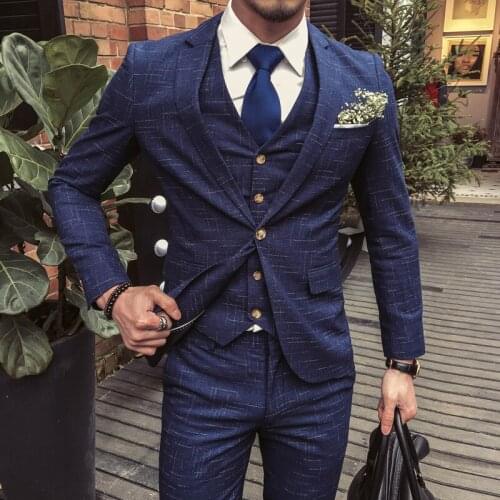 Jackets + Vest + Pants ) High-end Brand Casual Business Checked Mens Suit Groom Wedding Dress Formal Suit Men Blue Dark Grid