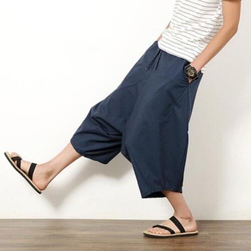 Summer Mens Japanese Samurai Boho Summer Harem Shorts Hakama Linen Cotton Pants 5 Colors Loose Fit Short Pants Big Size
