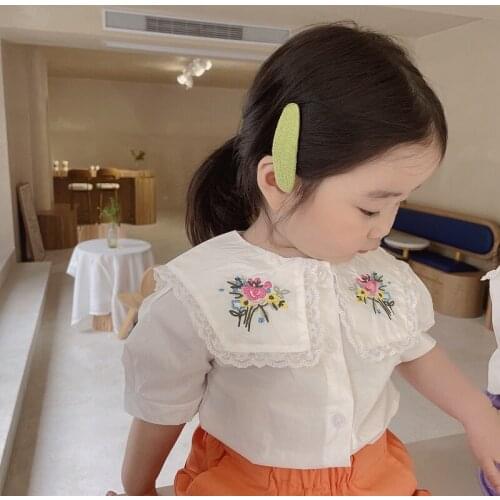 Girls Summer Princess Shirt Korean Baby Girl Short-sleeved Tee Shirt 2021 New Childrens Lace Square Collar Embroidered Shirt